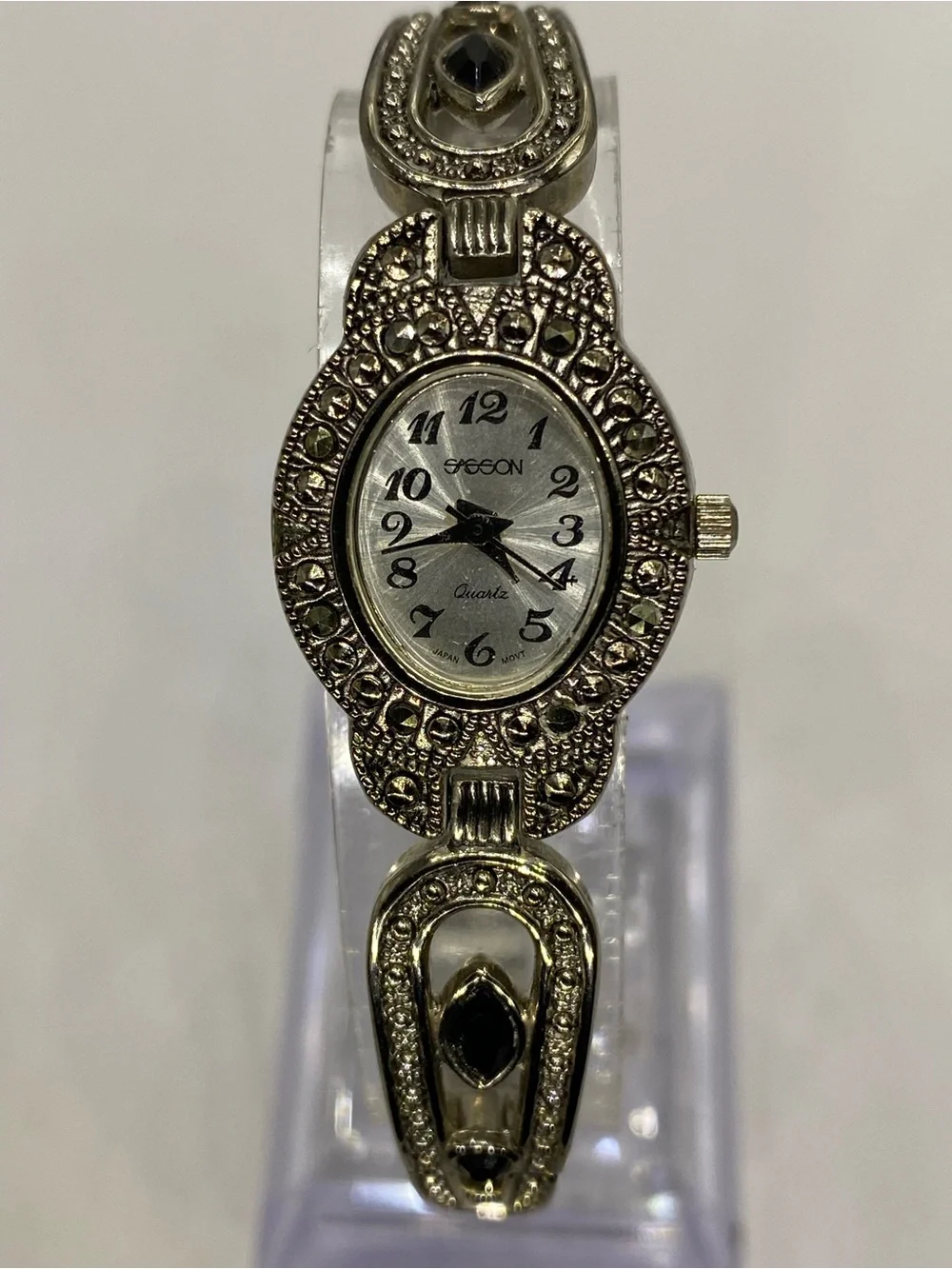 Designer ***  Silver-Tone  ^^^ Marcasite” Oval Bracelet Watch ***